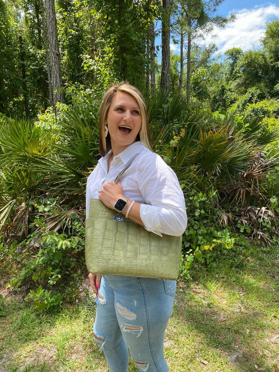Sage Green Alligator Zippered Tote 2